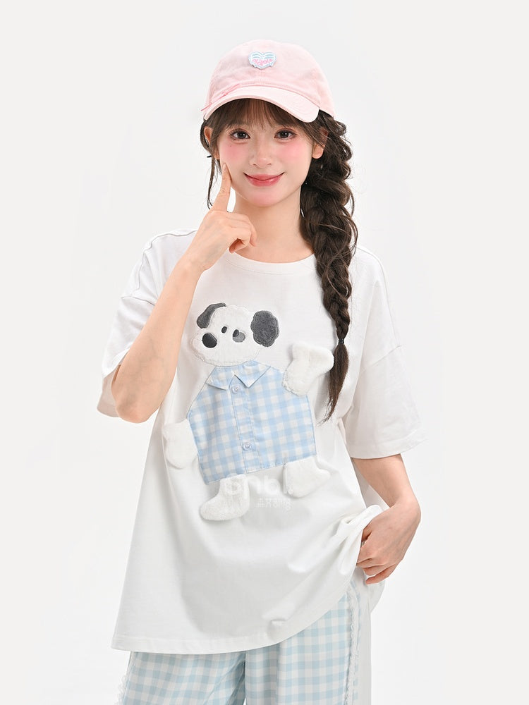 T-Shirt Cotton Adorable Puppy Applique White Loose