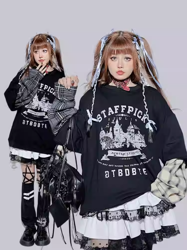 Black Plaid Round Neck Letter Fake Two-piece Sweatshirt
