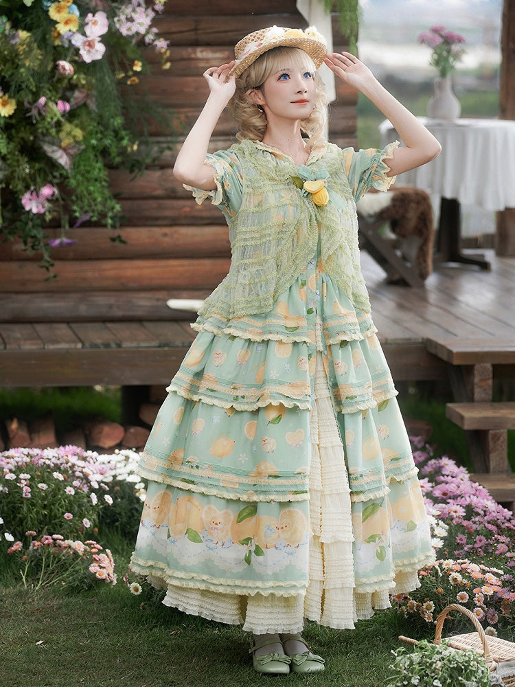 ボタンレモンプリントのショートスカート、プラケットロリータスリーブ、ティアードフロントドレス、グリーンチック