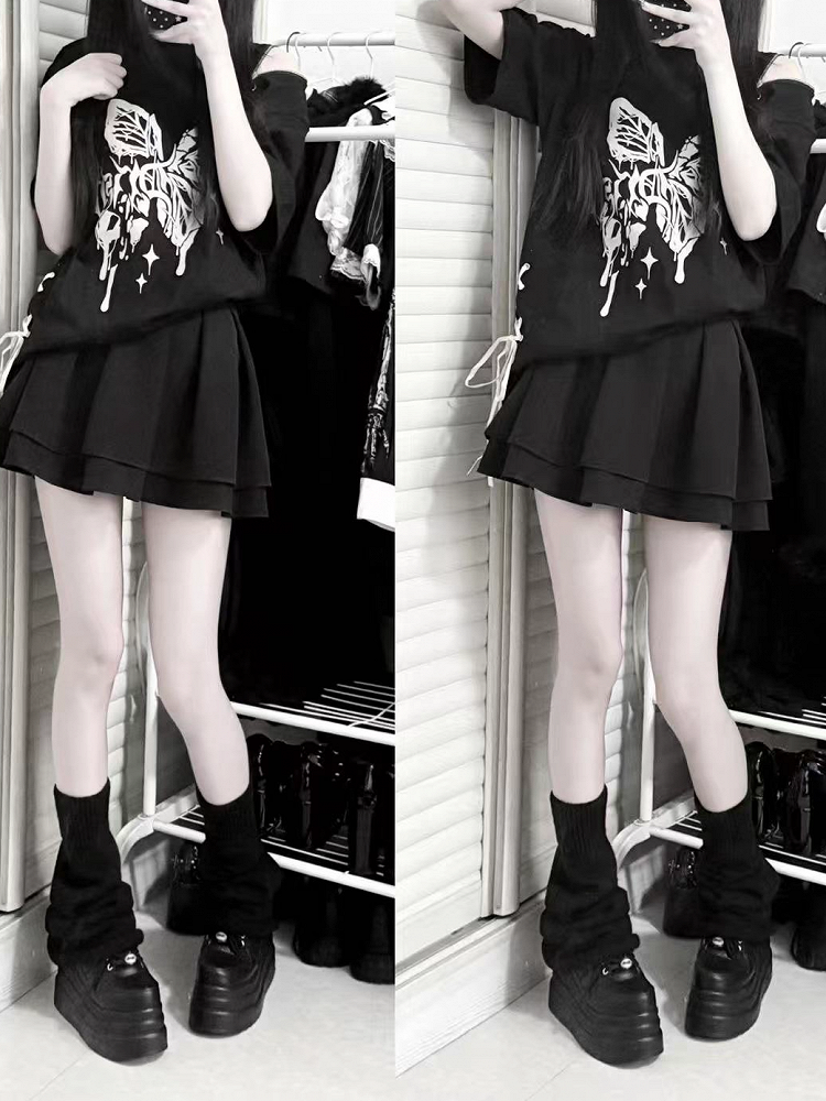 Kei T-shirt Jirai Broken Butterfly Print Lace-up Side Black/White