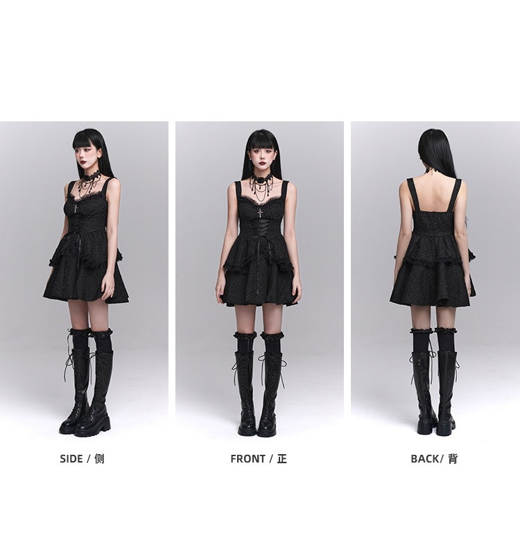 Skirt Gothic Black Sweetheart Neckline Lace-up Front Tiered