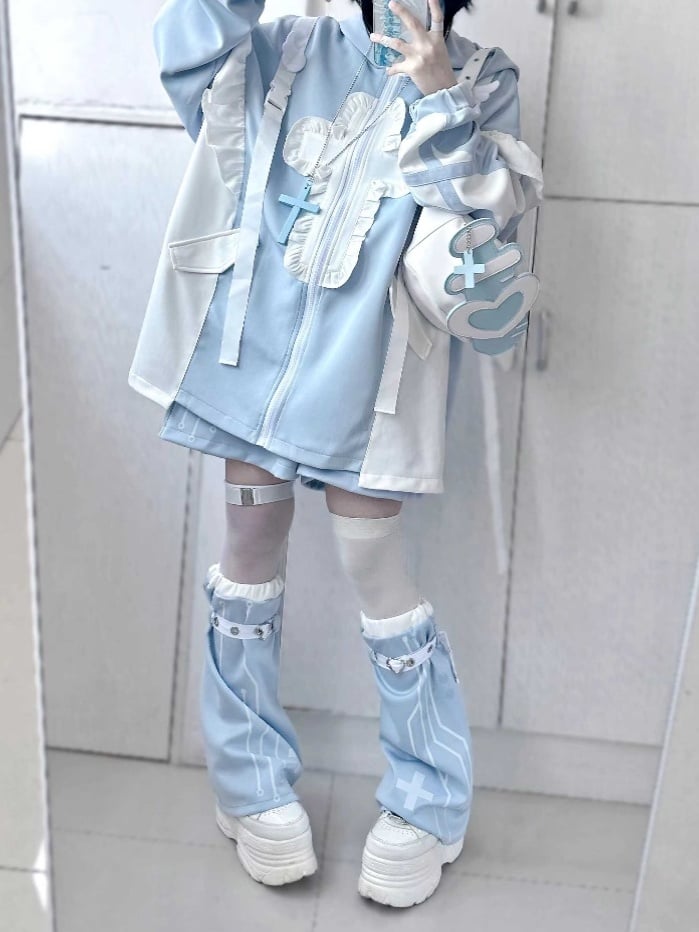 Tenshi Kaiwai Hellblau Yami Kawaii Kreuz Katzenohren Kapuzenpullover Shorts Beinwärmer Set