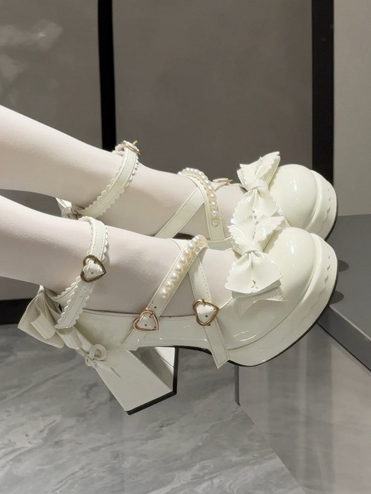Platform Mary Block with Straps Crisscross - Janes Heel Buckle High Sweet Lolita White Heart Beaded