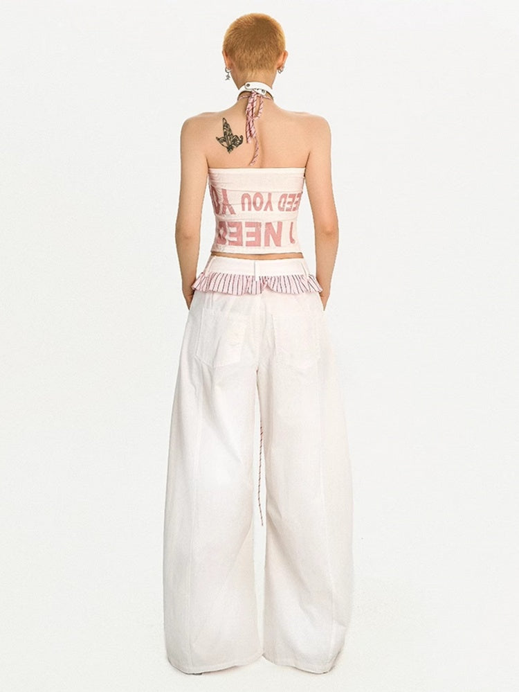 White Faux Two-piece Wide-Leg Pants with Pink-Black Striped Ruffle Trim