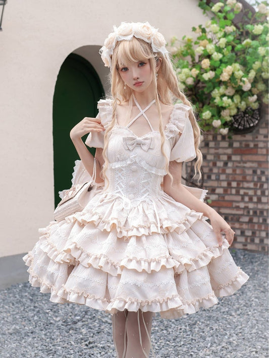 Back with Corset OP Big Ruffle at Dress Champagne Skirt Bow Waist Lolita Princess