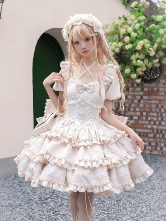 Back Champagne with OP Dress Ruffle Big Bow Princess at Corset Waist Lolita Skirt