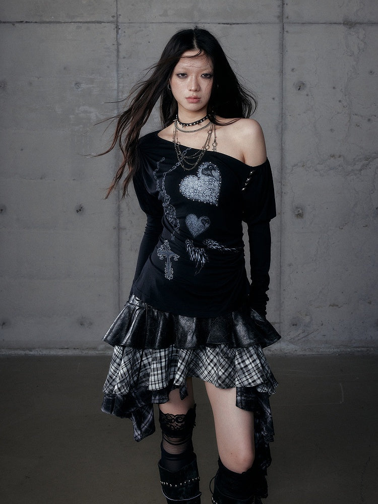 Grunge Aesthetic Neck Punk Black Side Stretch Button Details Asymmetrical Top with