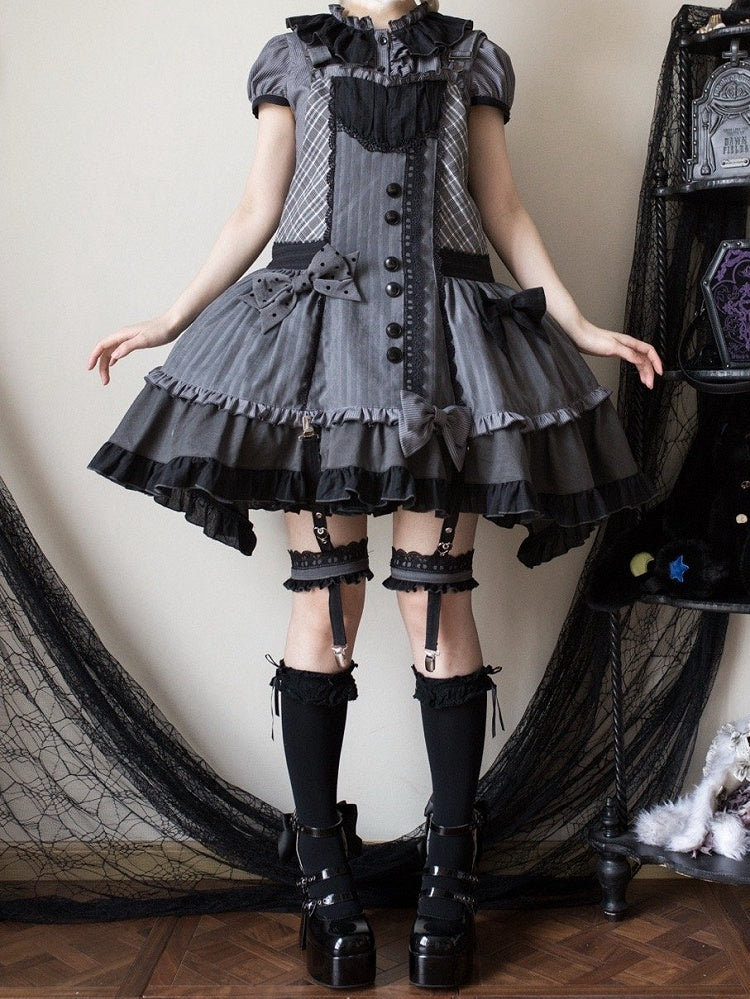 Detachable Bodice Gray Dark Overall Hood Plaid Lolita Ears Bunny Dress with Pattern