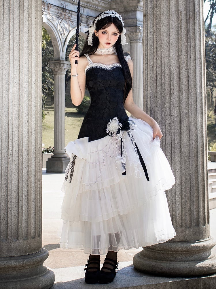 Classic Layered Tulle Lolita Fit Jacquard Bodice Hem Slim Dress Black White Floral