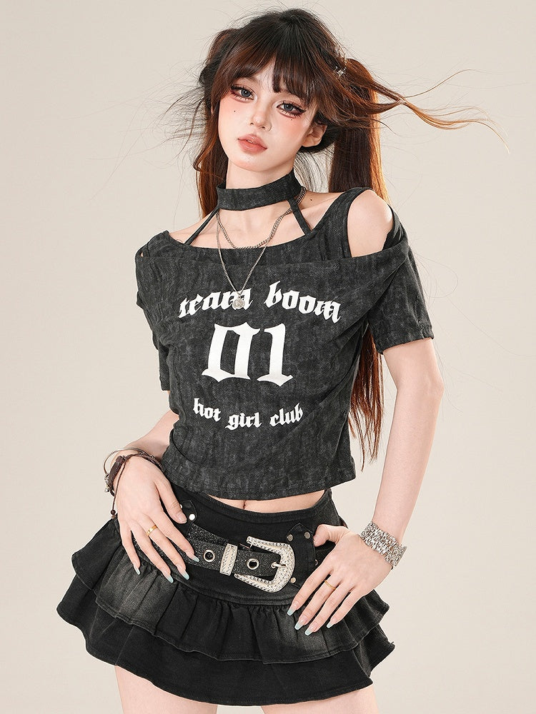 Glamorous Bittersweet Letter T-shirt Number Gray/Black And Print
