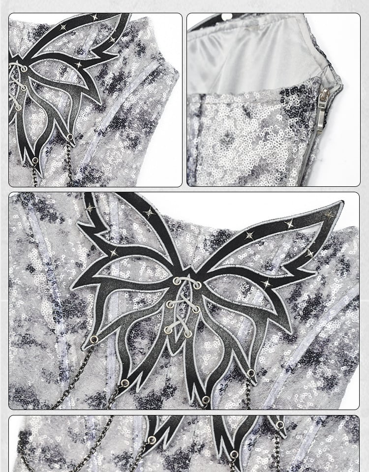 Top Fashion Grey Butterfly Chain Sequins Y3K Fishbone Strapless Cyberpunk Futuristic Silver Decorated