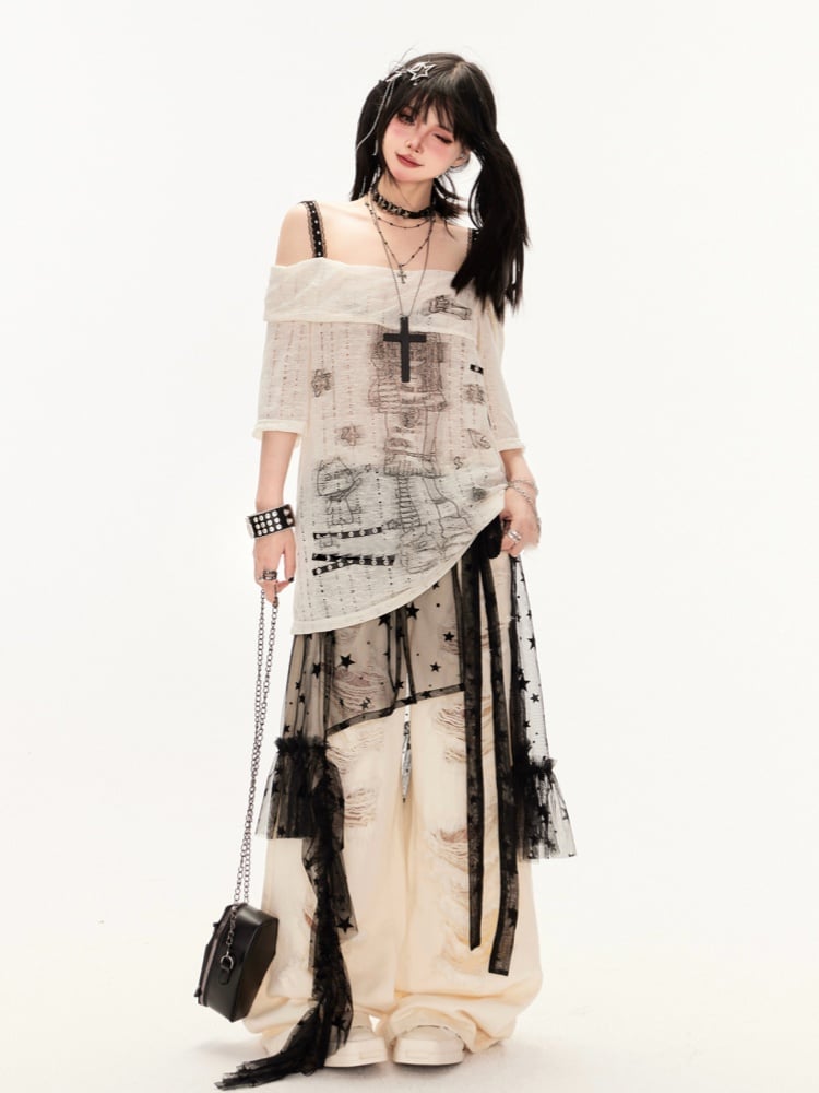 Apricot/Black Off-the-shoulder Criss-Cross Straps Cartoon Girl Print Coverup