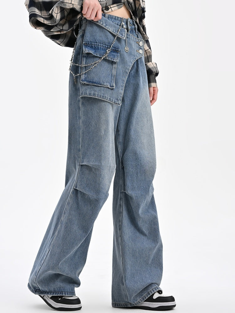 Wide-Leg Jeans Waistline Design Blue Asymmetrical