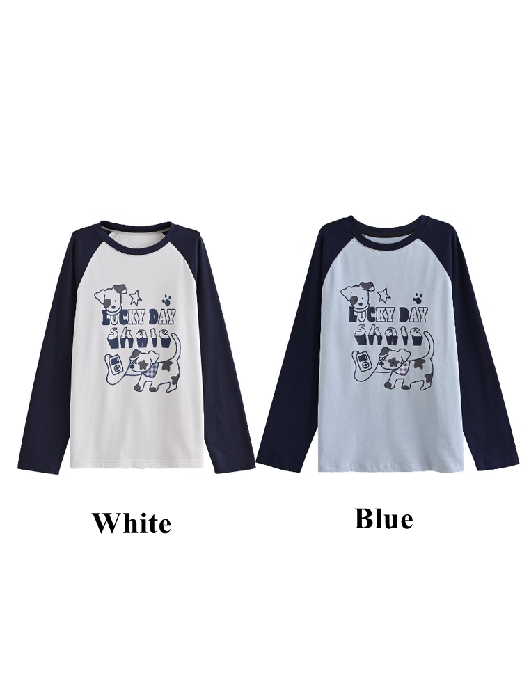 Top White/Blue Colorblock Design Adorable Puppy Print Loose