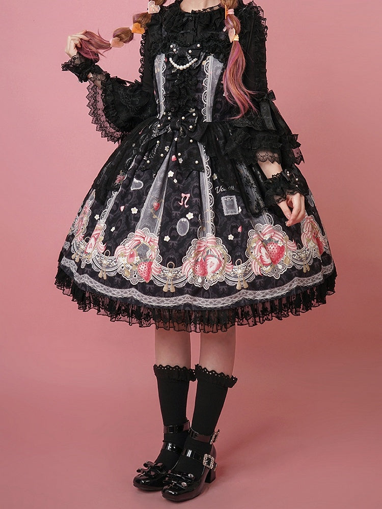 Lolita Sweet Black Strawberry Jumper Print Skirt
