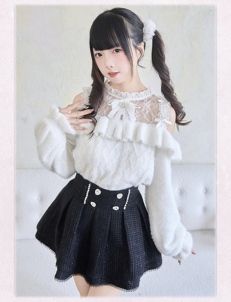 Ruffle Trim White Jirai Kai Contrast Lace Patches Sweater Cutout Shoulder Bowknots