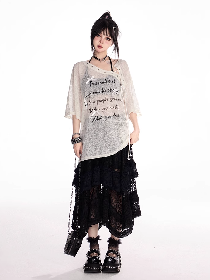 Apricot Lace-up Asymmetrical Neckline Letter Print Semi-sheer