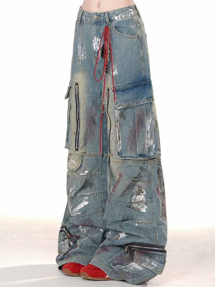 Blue with Wide-leg Cut Design Zipper Cargo Jeans Spray Paint Print