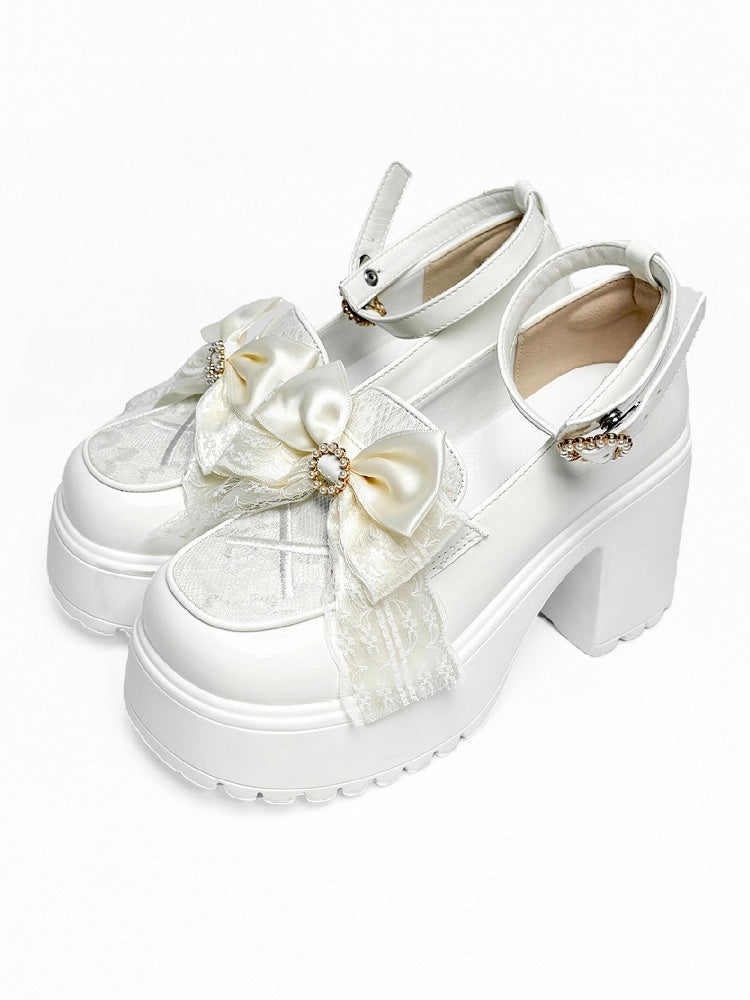 Heart Platform Beaded Jirai with - Vamp Bow Kei White Heels High Buckle Block Matching