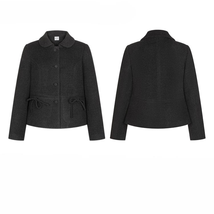 Dark Gray Peter Pan Collar Blazer with Bow Accent