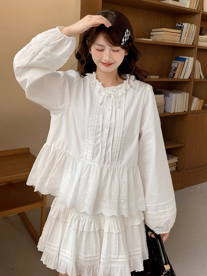 White Elastic Waist Ruffle Hem Tiered Skirt