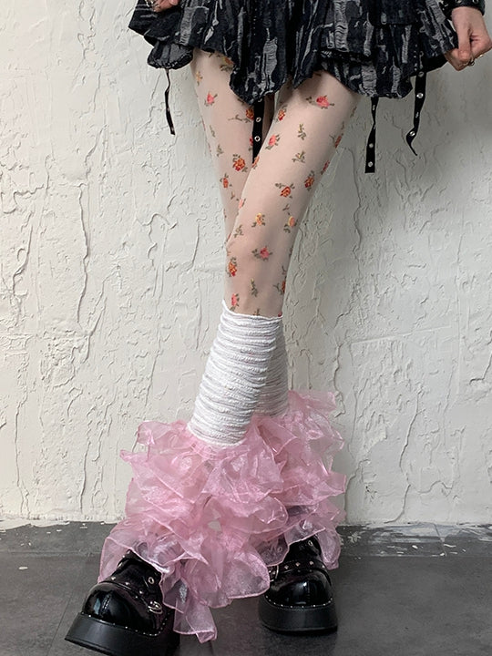 Lace Sleeves Multi-layered Trim Y2K WhitePink Leg
