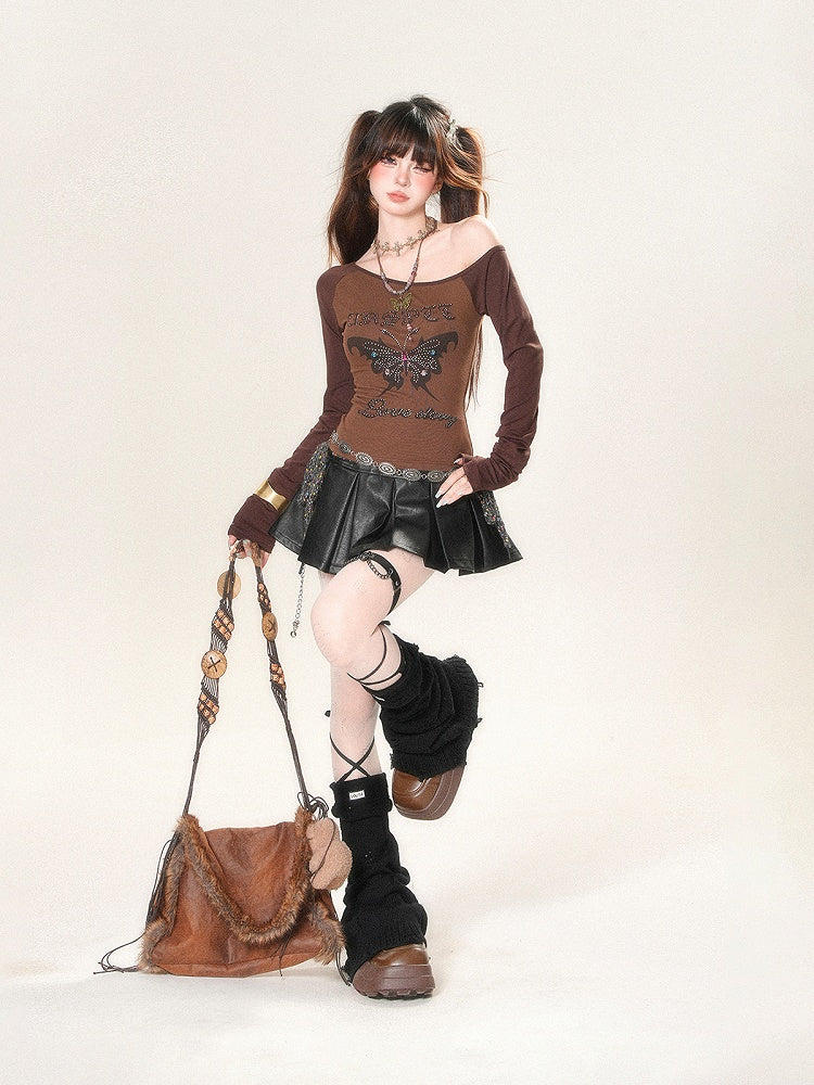 Mini Skirt Black High Waist Box Pleat PU
