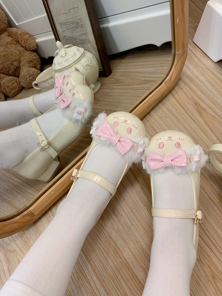 Details Schnallenschuhe Lolita Süßes Gelb-Rosa Häschen Mit Zehen-Ohr Runden Riemen Bowknot Plüsch