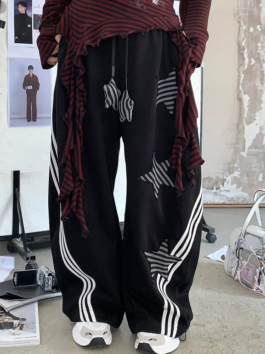 Size Black Wide-leg Casual Pants with Striped Star Appliques Plus Y2K