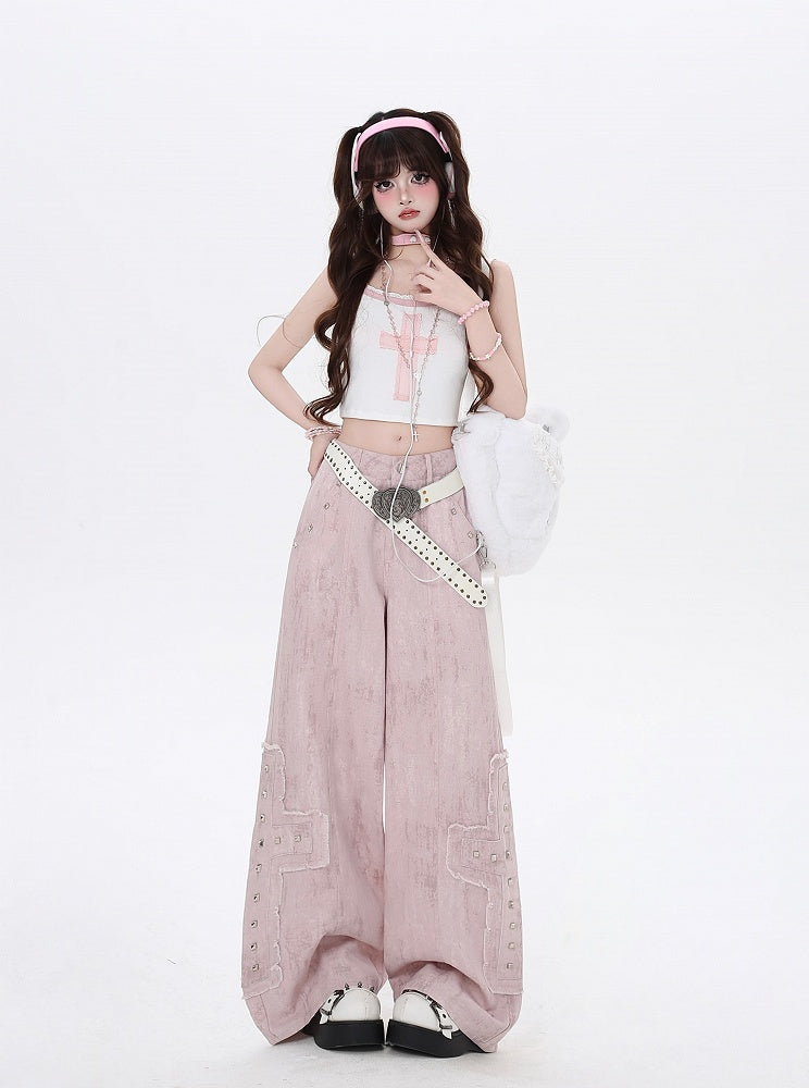 Pink Low Cross Appliques Wide-Leg Jeans Waist Studded Light