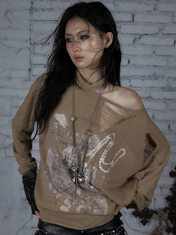 Distressed Beige/Khaki Top Neckline Punk Asymmetrical Sun Protection Wasteland Holes