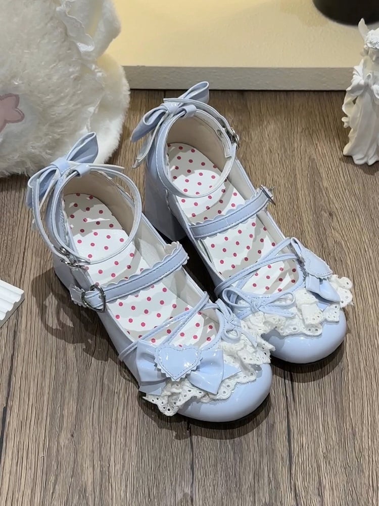 Sweet Buckle with Bow Shoes Janes - Lacework Lolita Details Blue Heart Mary