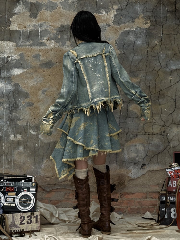 Vintage Punk Blau gewaschene Jeansjacke