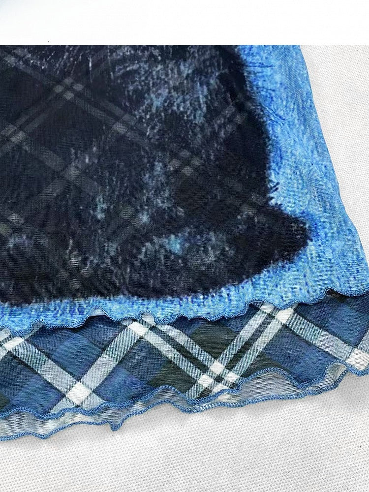 Plaid And Pattern Bittersweet Rolled Print Letter Cat Y2K Blue