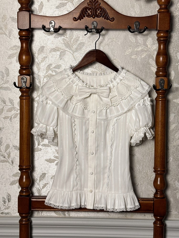 White Blouse Sleeves Puff Short Neckline Ruffle