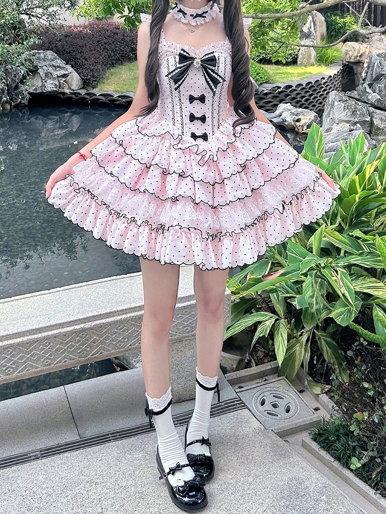 Ärmeln Stäbchen Abnehmbare Süße Taille Kleid mit Retro Polka Dots Lolita Rosa Puff