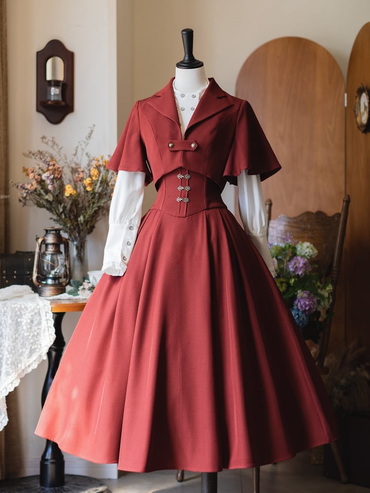 Red Long Version Autumn Vintage Detachable Halter Strap Boned High Waist Skirt