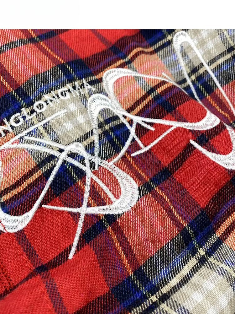 Letter Sleeveless Pattern Red Shirt Plaid Embroidery Y2K