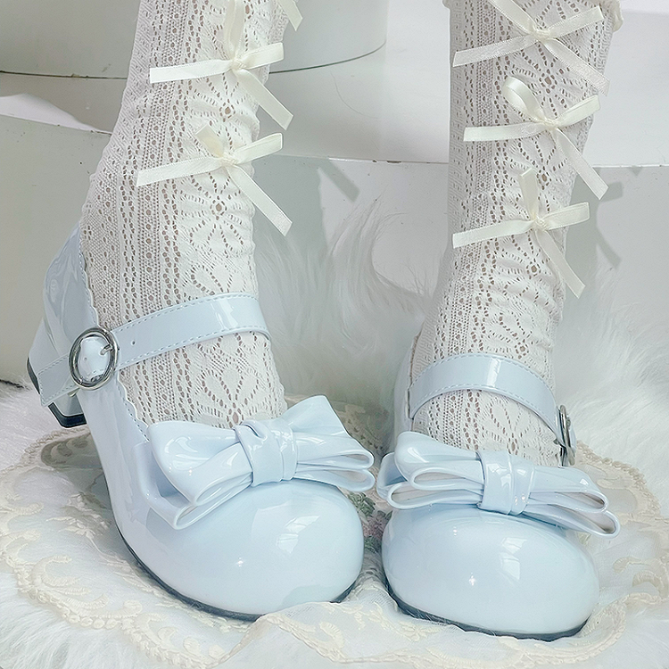 Süße Lolita-Mary-Janes in Blau mit Schleife und runder Zehenpartie und Blockabsatz
