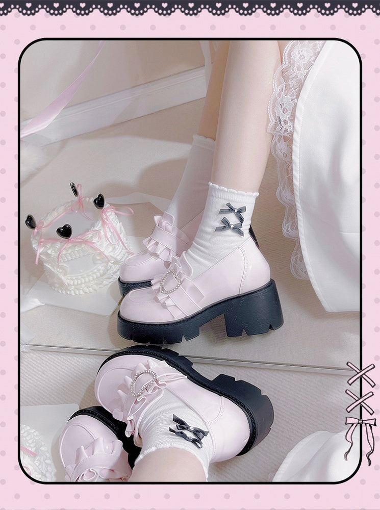 Schuhe Jirai 6,5 cm Pink Chunky Detail Kei mit Loafers Perlenabsatz Sweetheart Plateau