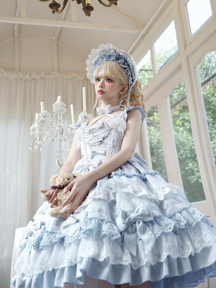 Blau-weißes Old School Lolita-Kleid mit Schleifen und herzförmiger Dekoration, Prinzessinnen-Lolita-Pulloverrock