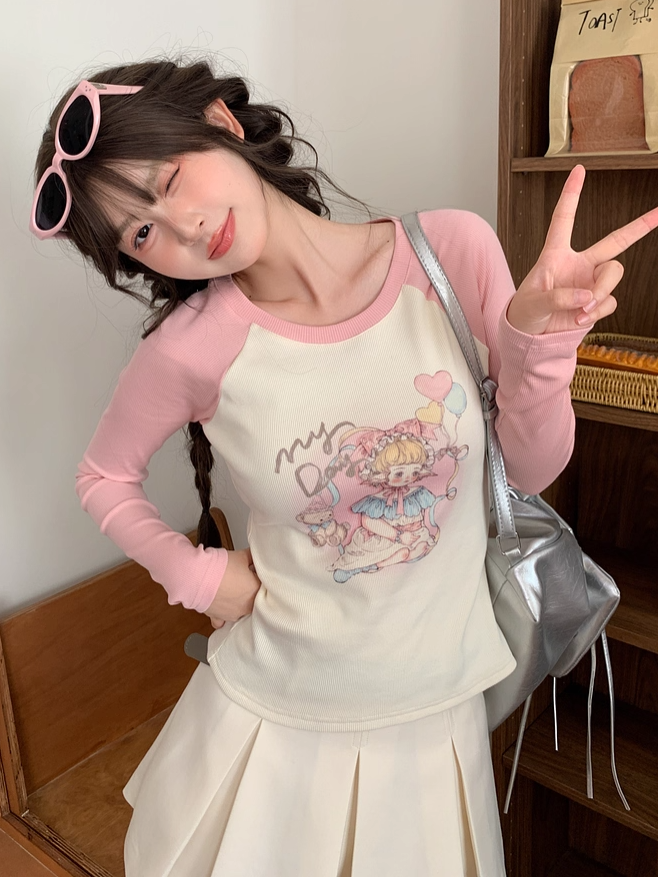 Top and Pink Slim-fitting Cartoon Girl Print Apricot Colorblock Design