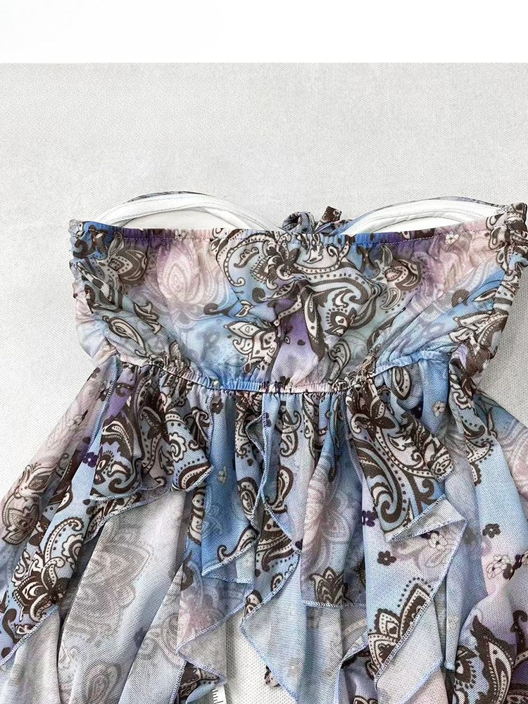 Blue Holiday Ruffle Print Top Tube Accents Design Cascading