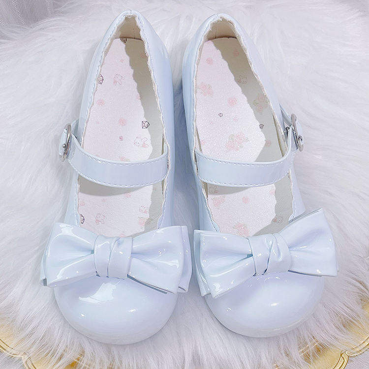Süße Lolita-Mary-Janes in Blau mit Schleife und runder Zehenpartie und Blockabsatz
