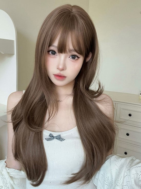 Length Wavy Wig Brown Light Air Bangs With 72CM