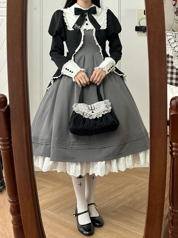 Elegantes Lolita-Kleid mit Juliette-Ärmeln in Schwarz und Grau