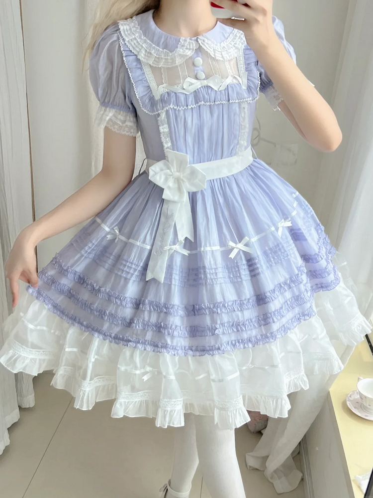Sleeves Dress Lolita Peter Pan Short White Purple and Collar
