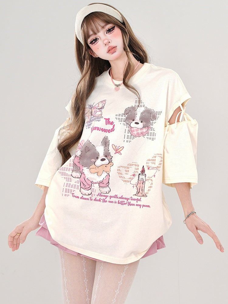 Rosa/Aprikose – T-Shirt mit Cartoon-Welpen und Cut-out-Ärmeln zum Binden