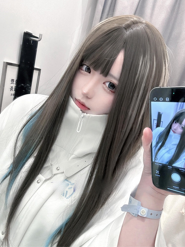 Color Brown 60CM Bangs Straight Ombre Blue Hair With And Wig Length