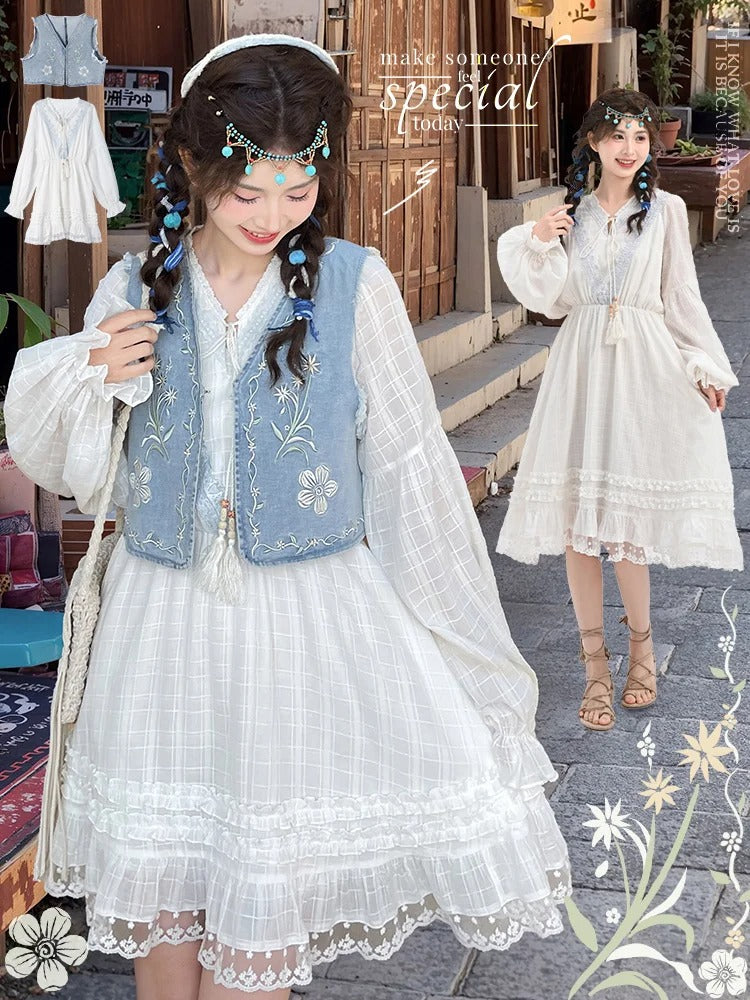 バージョン ホワイト Vネック レーストリム ドレス タッセル ドローストリングデザイン レギュラー/ロング